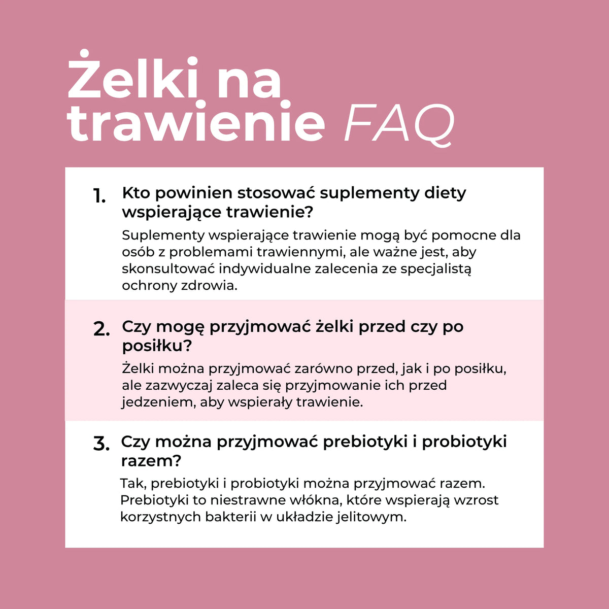 FAQ dotyczące żelków na trawienie Naturecan, stosowania przed posiłkiem oraz łączenia prebiotyków i probiotyków.