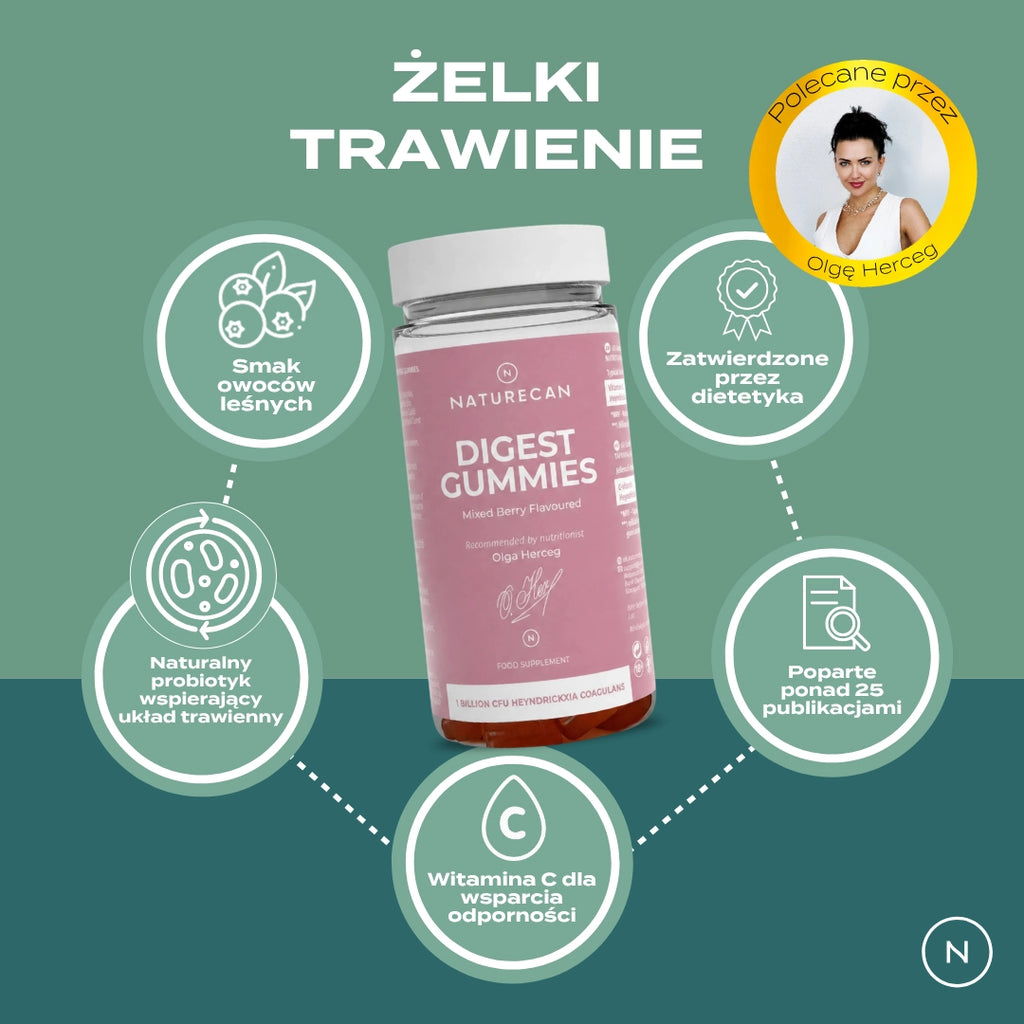 Żelki wspierające trawienie Naturecan Digest Gummies o smaku owoców leśnych z naturalnymi probiotykami i witaminą C.