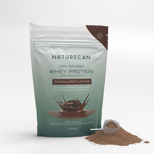 Opakowanie białka serwatkowego CBD Naturecan o smaku czekoladowym, stojące na białym tle z porcją proszku obok