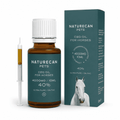 Olej CBD dla koni Naturecan Pets 40% w butelce 10 ml, pokazany z pudełkiem i strzykawką dozującą, na białym tle