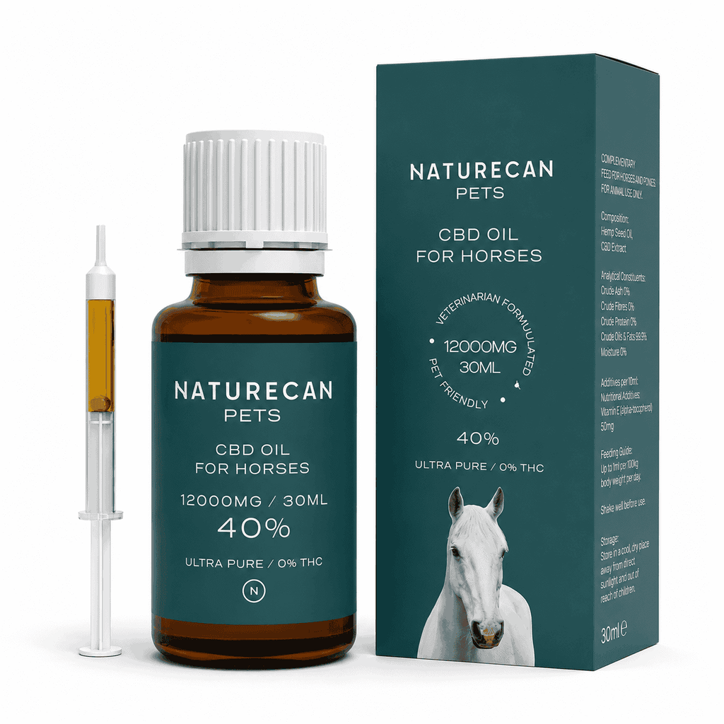 Olej CBD dla koni Naturecan Pets 40% w butelce 30 ml z pudełkiem i strzykawką dozującą, na białym tle