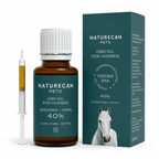 Olej CBD dla koni Naturecan Pets 40% w butelce 30 ml z pudełkiem i strzykawką dozującą, na białym tle